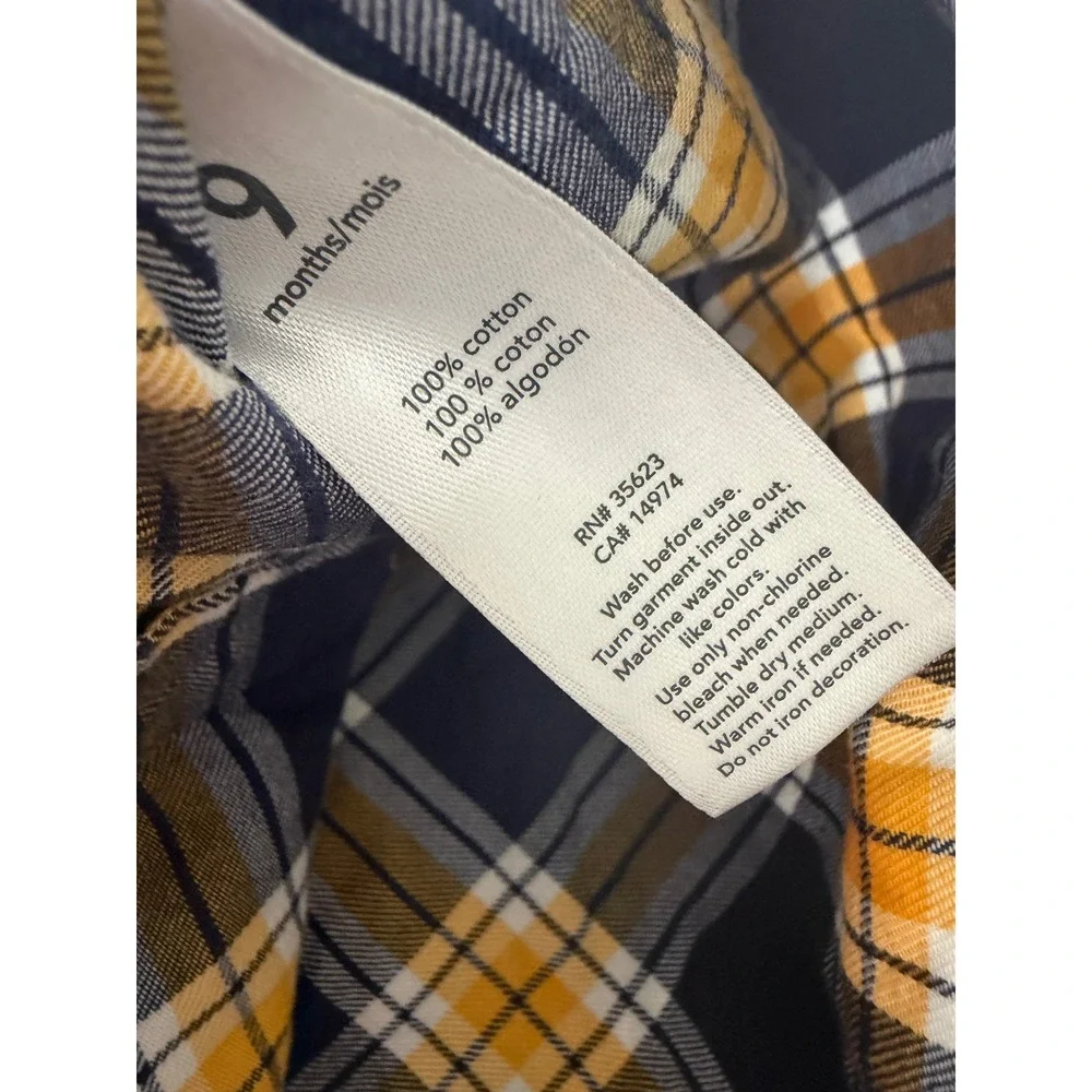 Carter's Baby Boy 9M Plaid Hooded Shirt Navy Yellow Flannel Button Down